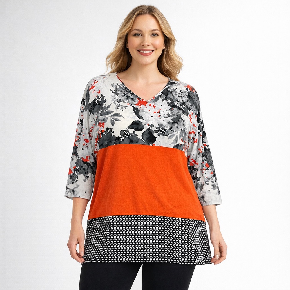 J. Jill Women’s XL Tunic Top Floral Color Block Orange Black Tunic Long Sleeves